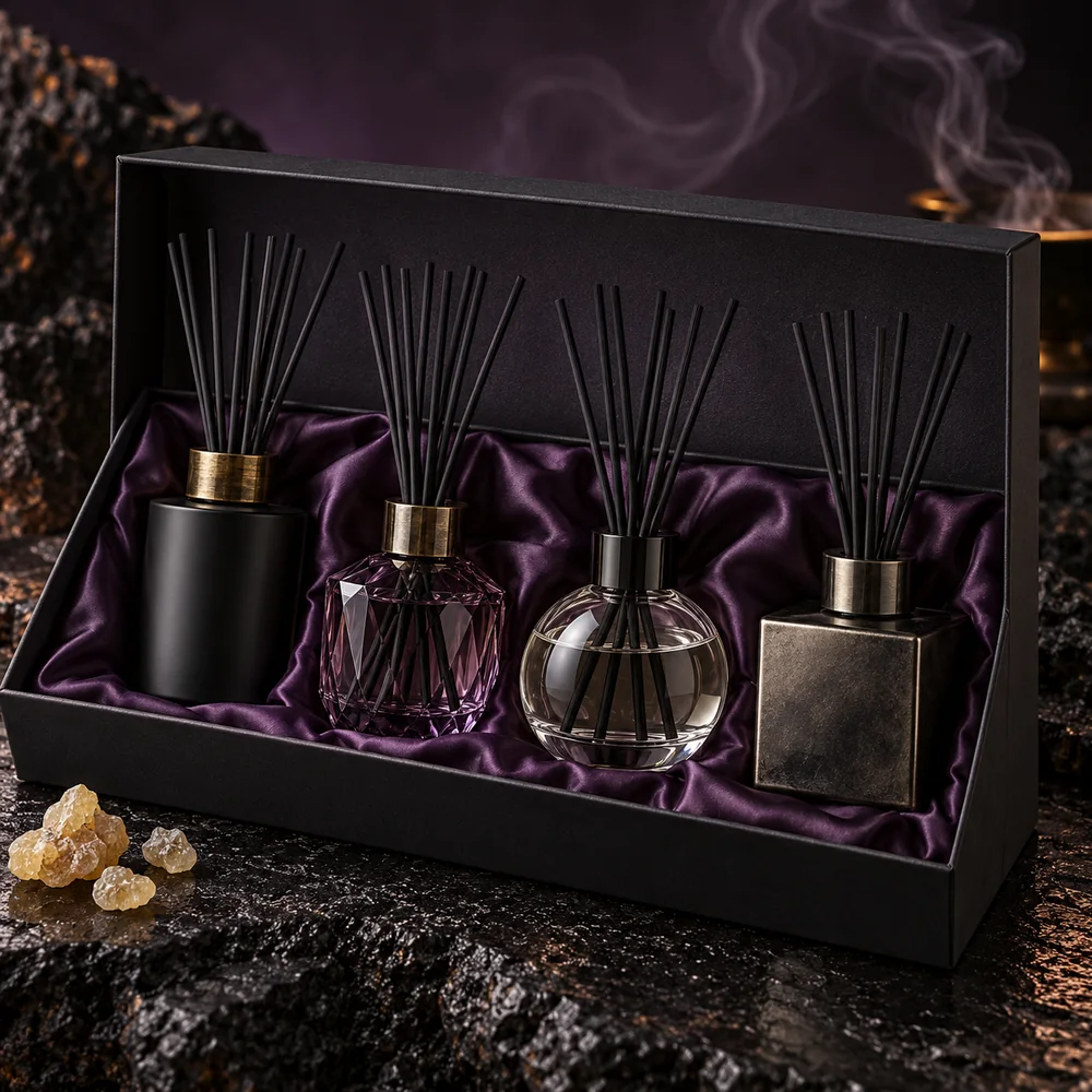 Set de 4 difuzoare parfumate în cutie cadou Tămâie Neagră